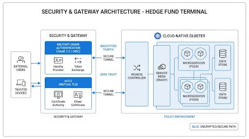 Security and gateway architecture showing OAuth2 and mTLS authentication layers.